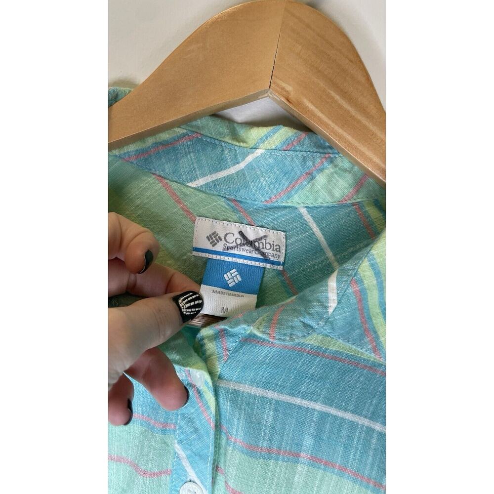 Columbia Plaid Shirt 1/4 Button Pocket Long Roll Tab Sleeves Pastel Cotton Top M - Picture 8 of 12